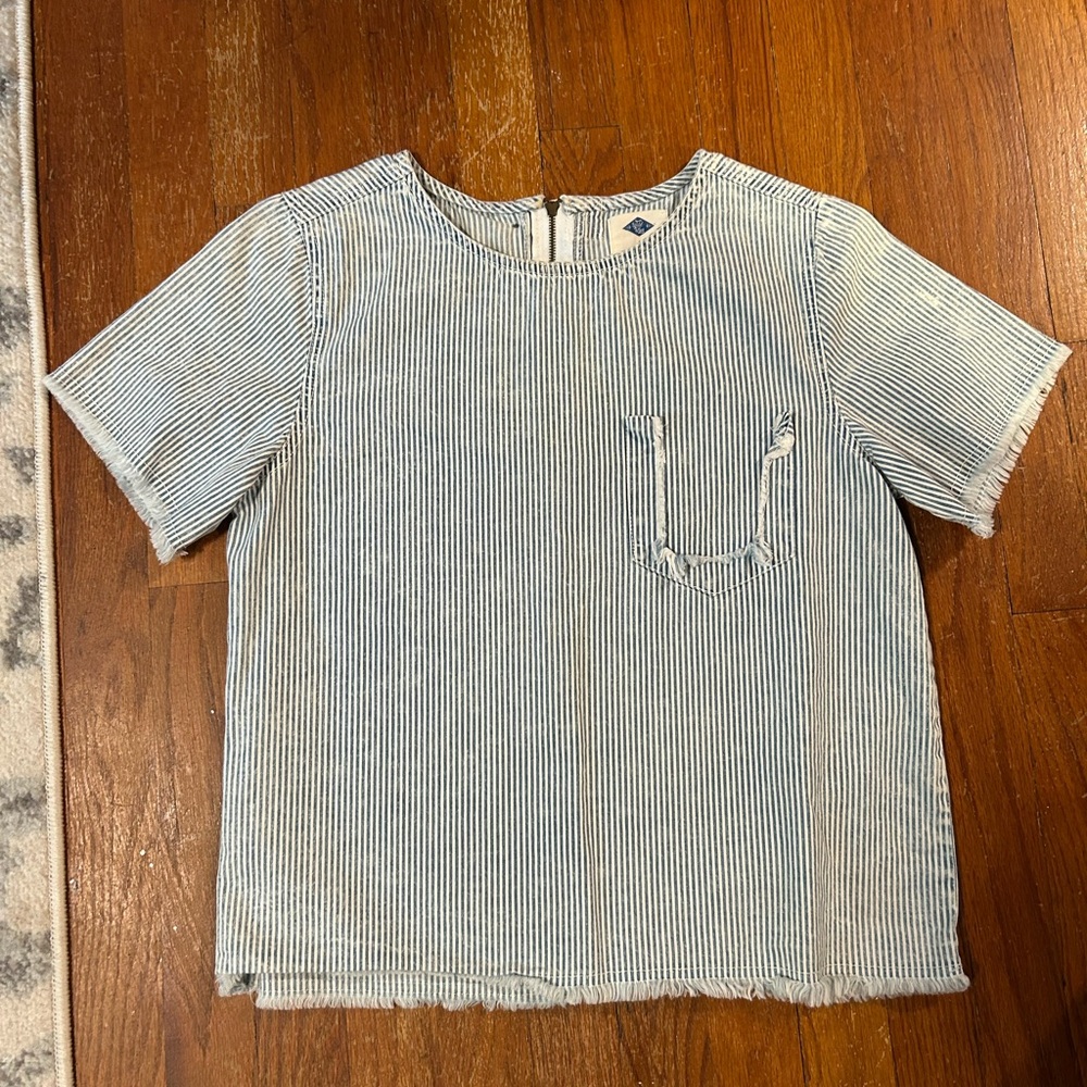 Wild Blue Sadie Robertson Blue and White Stripe Denim fringe Top.